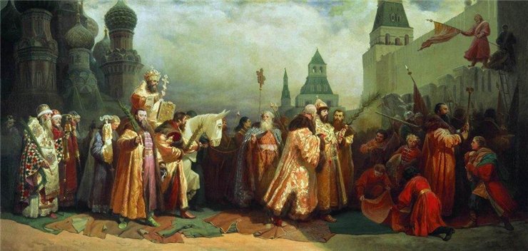 Вербное воскресенье в Москве при царе Алексее Михайловиче. Шествие патриарха на осляти. В. Г. Шварц. 1865 г.  Вербное воскресенье в Москве при царе Алексее Михайловиче. Шествие патриарха на осляти. В. Г. Шварц. 1865 г.